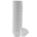 Stack of mini white cupcake liners with one liner tilted on its side, isolated on white background.