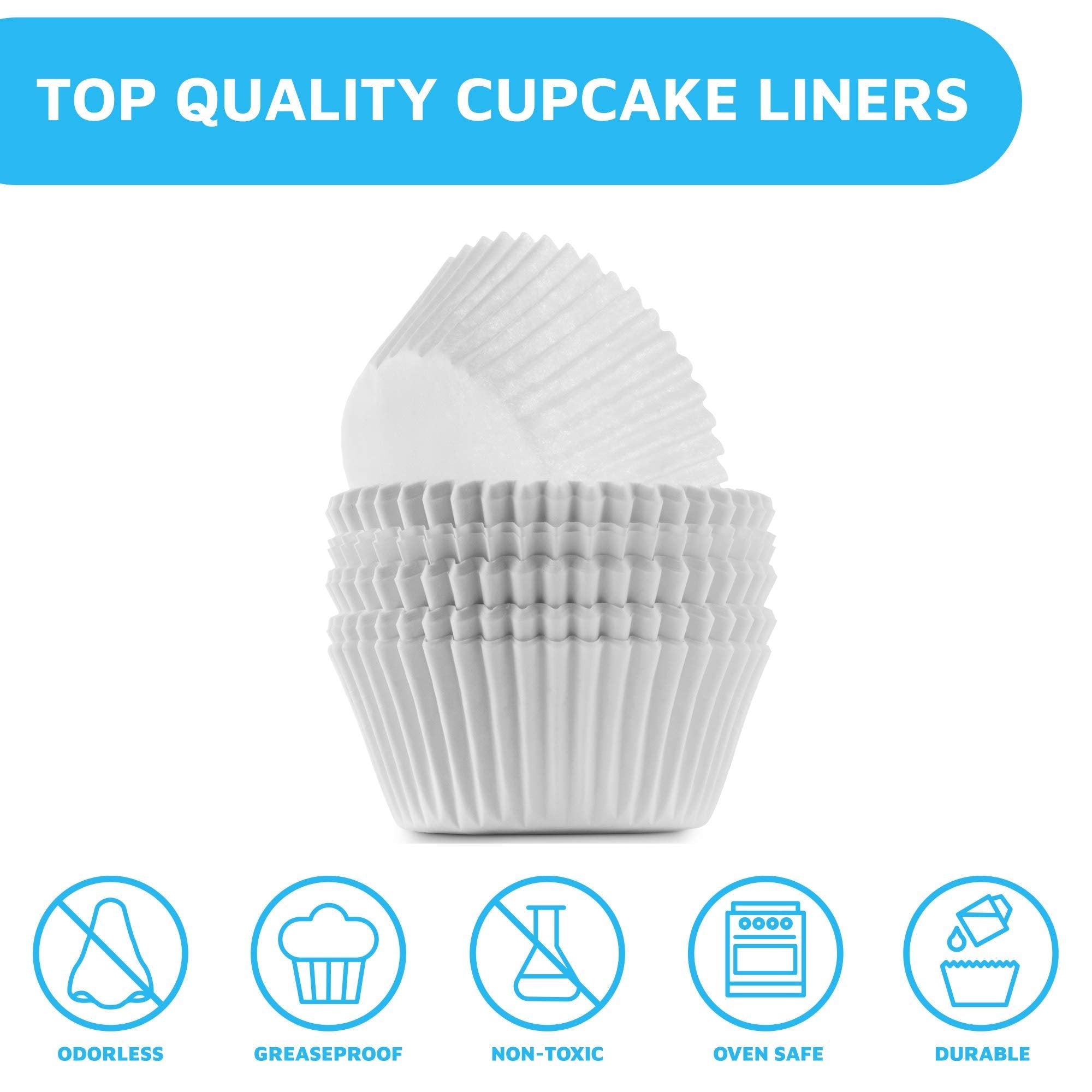 Stack of white paper cupcake liners with five feature icons below: odorless, greaseproof, non-toxic, oven safe, and durable.