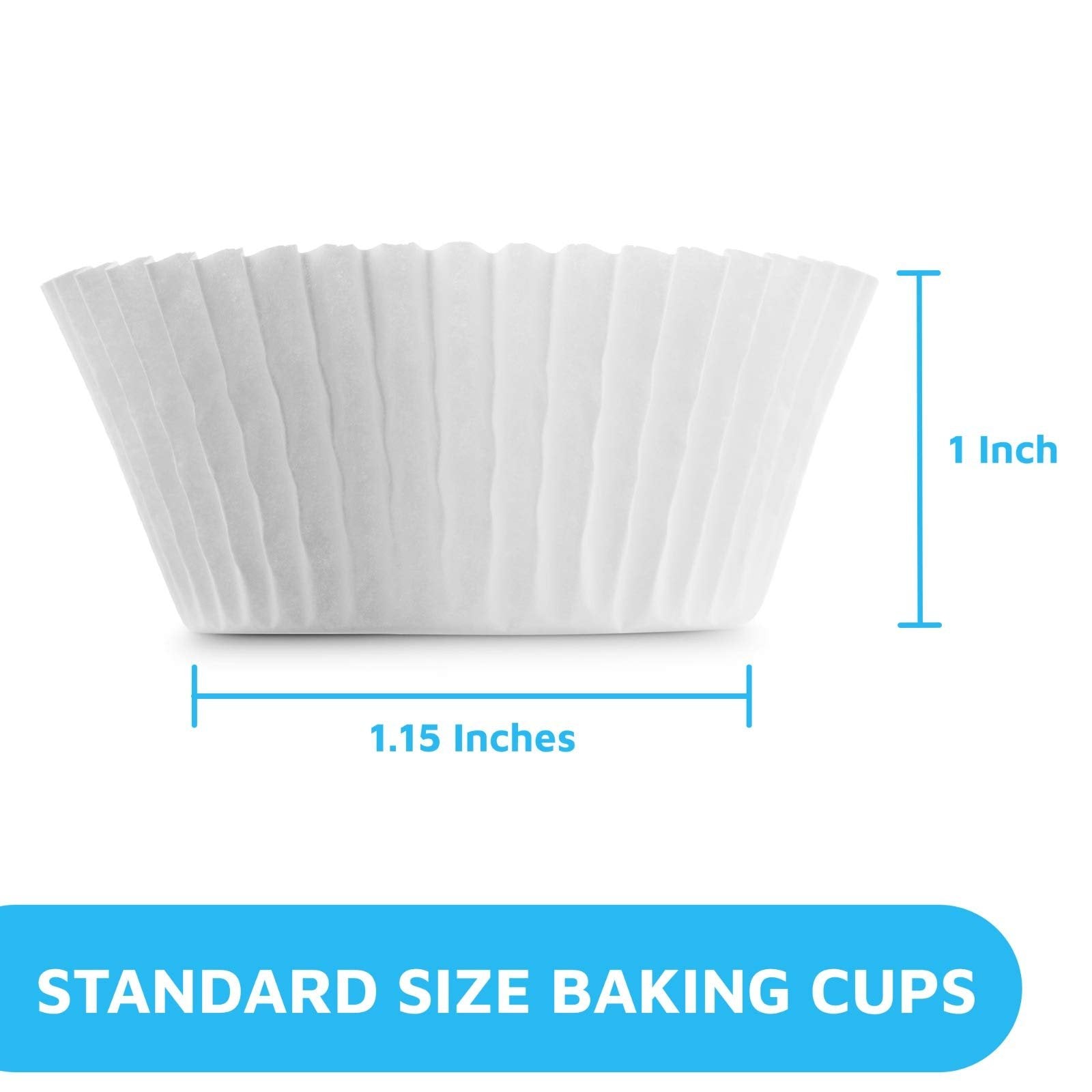 White cupcake liner shown with dimensions 1.15 inches wide and 1 inch tall.