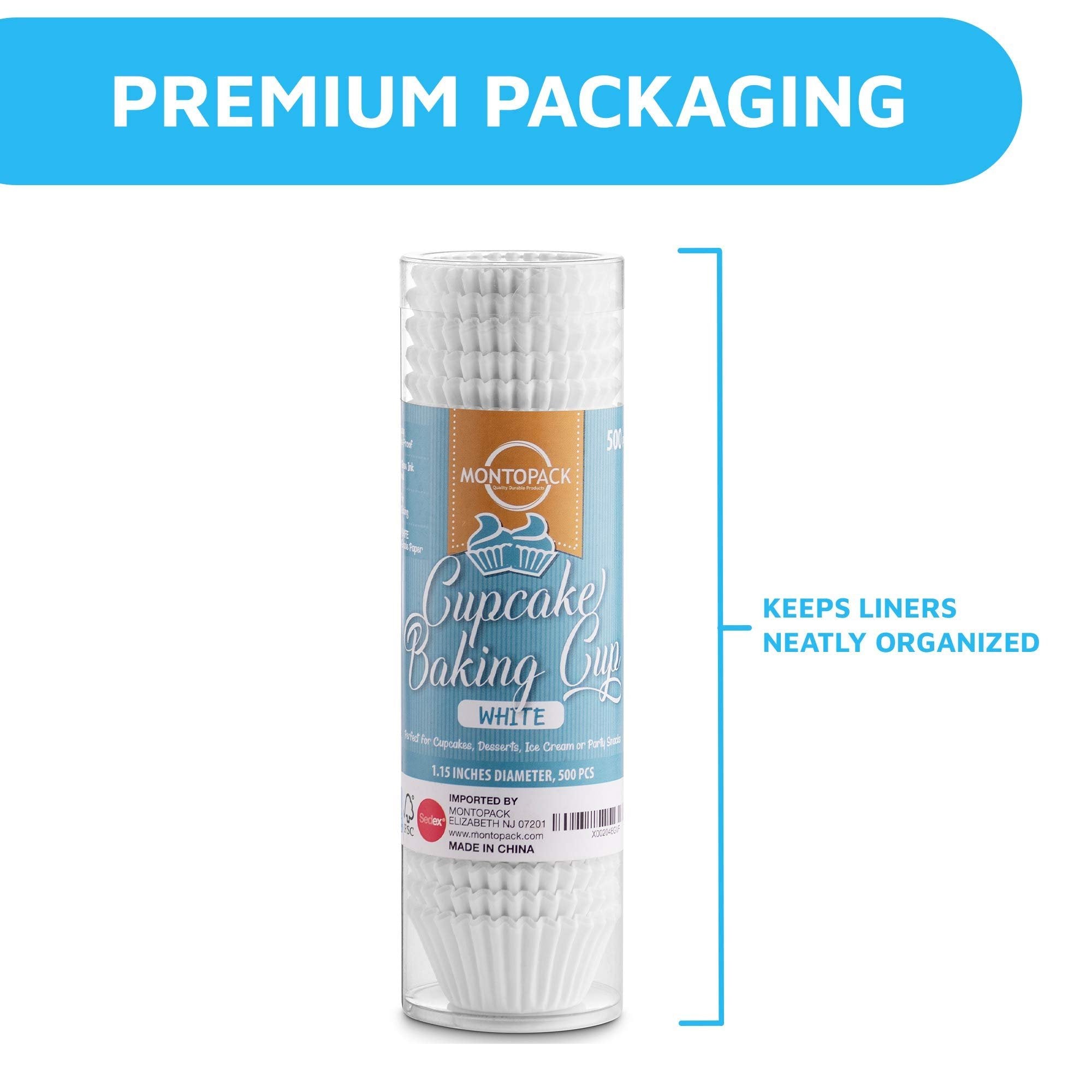 Container of 500 white cupcake liners with "Cupcake Baking Cup" label and "PREMIUM PACKAGING" banner.