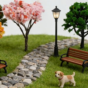 Miniature garden scene with a stone path, benches, lamppost, and artificial trees, including a pink cherry blossom tree and a green tree, with a small dog figurine.