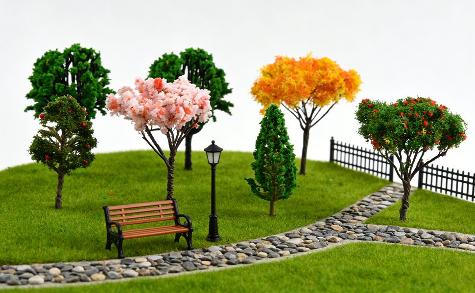 Miniature garden scene with assorted artificial trees, a park bench, and a lamppost on a grassy hill with a stone path.
