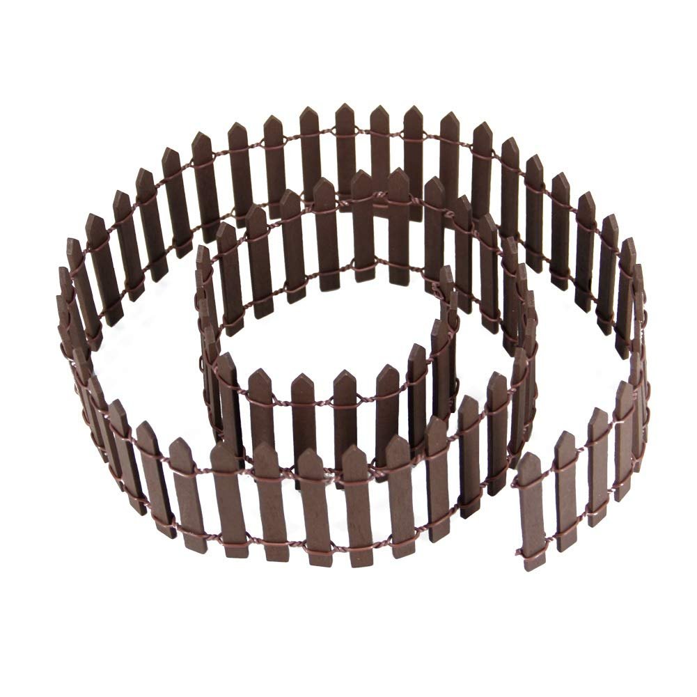 Brown miniature wood picket fence coiled on a white background, showing its detailed construction.
