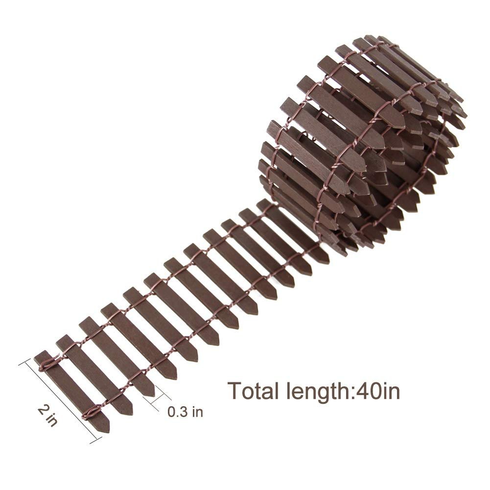 Brown miniature wood picket fence unrolled on white background, showing dimensions 2 inches high and 0.3 inches wide, with total length 40 inches indicated.