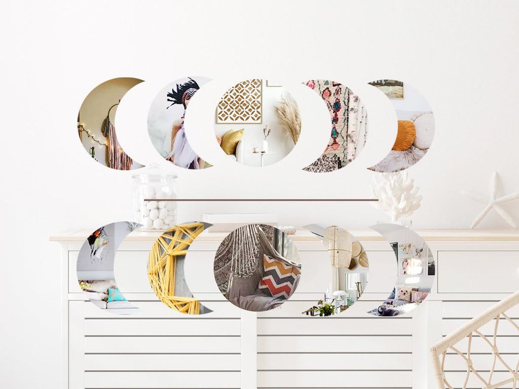 Collage of boho interior design scenes within moon phase shapes on a white wall above a dresser.