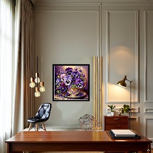 Diamond painting of purple pansies in a teacup hanging on a wall above a desk in a home office setting.