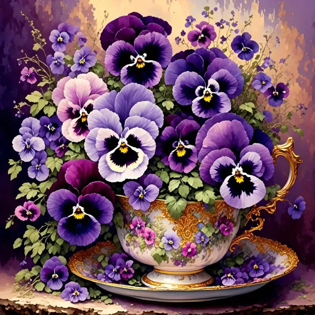 A decorative teacup and saucer overflowing with purple and pink pansies against a textured purple and gold background.