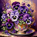 A decorative teacup and saucer overflowing with purple and pink pansies against a textured purple and gold background.