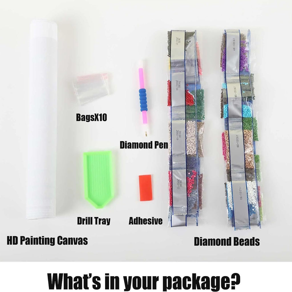 Diamond painting kit contents laid out: canvas roll, bags, pen, tray, adhesive, and diamond beads in labeled packages.
