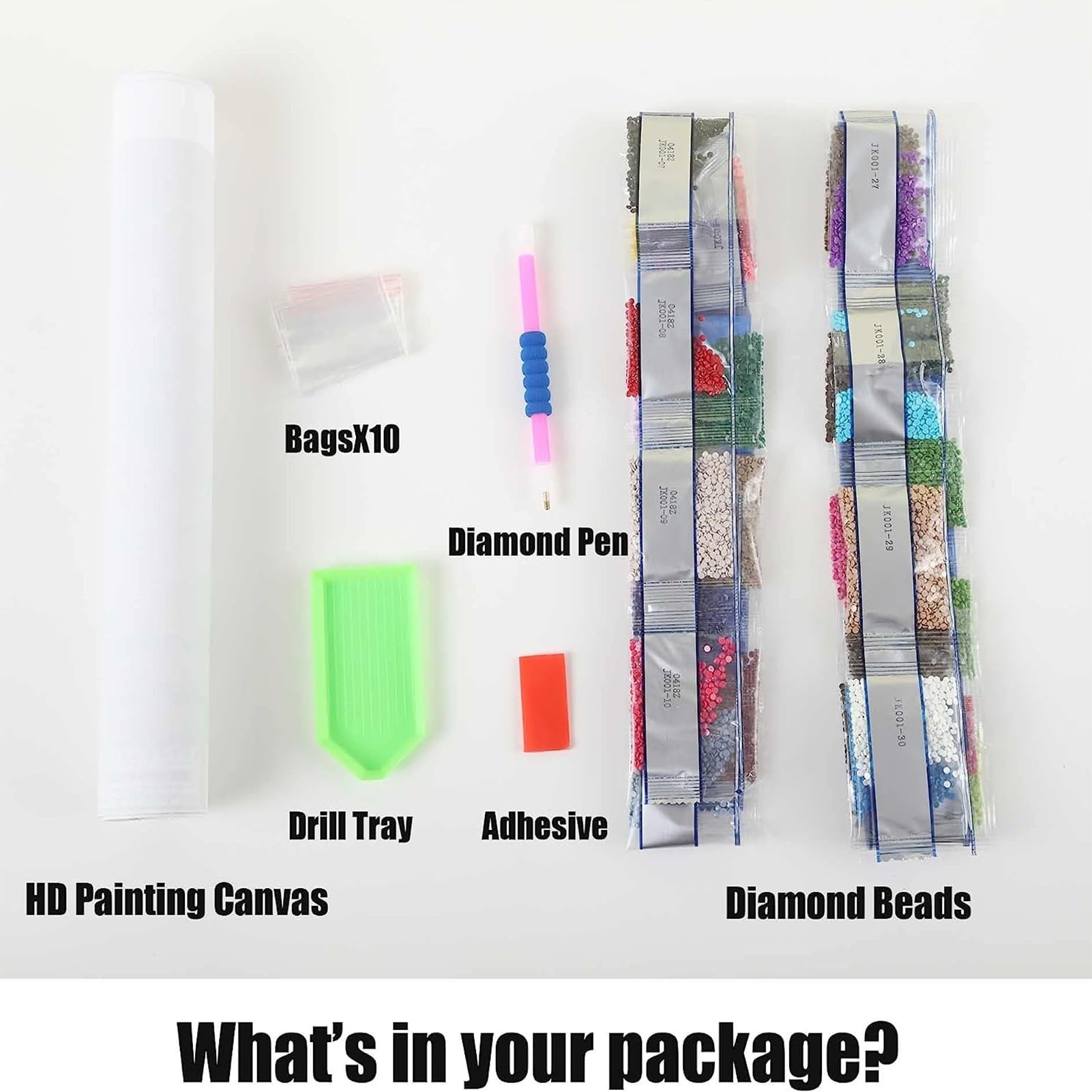 Diamond painting kit contents laid out: canvas roll, bags, pen, tray, adhesive, and diamond beads in labeled packages.