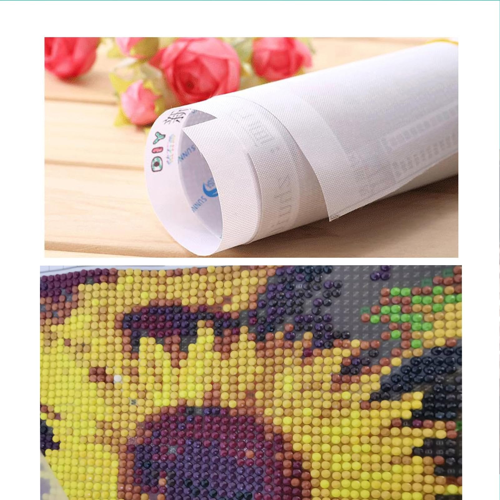 Diamond painting kit canvas rolled up with pink roses in background and close-up of completed diamond art.