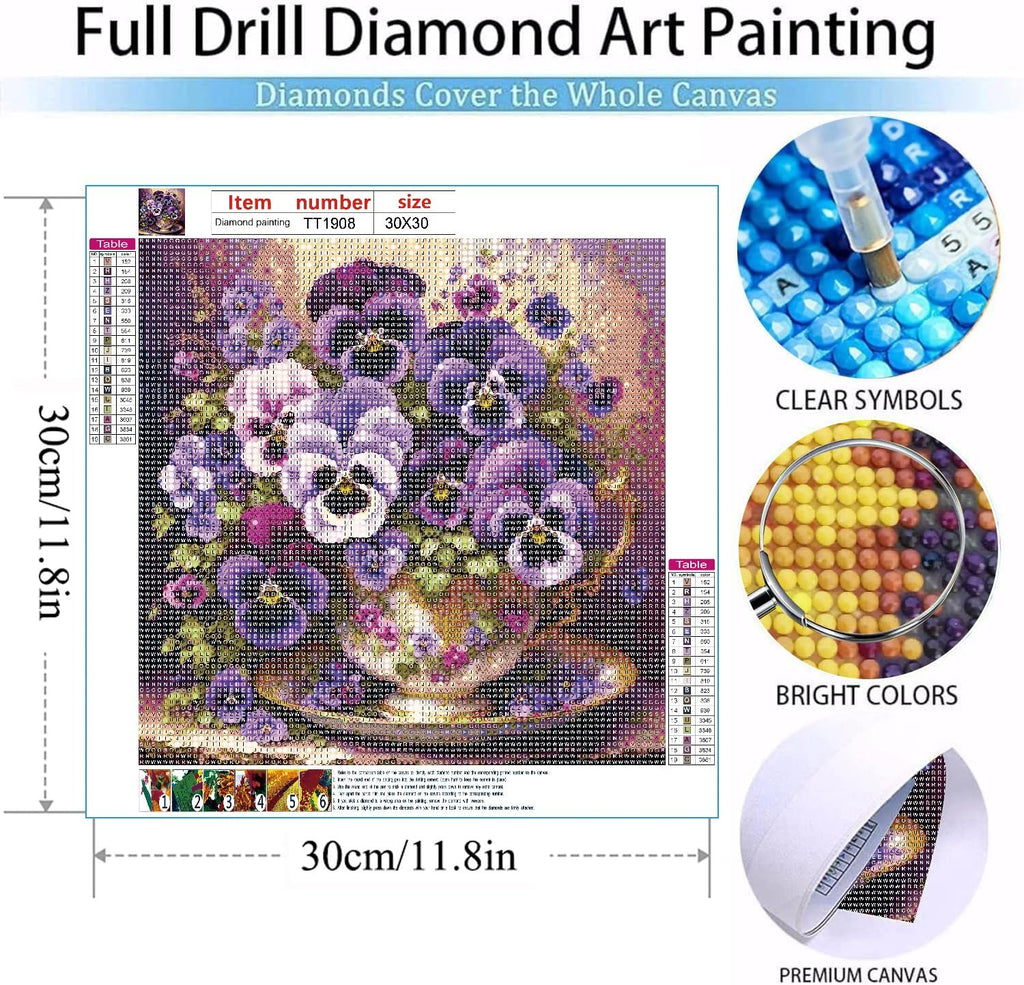Full drill diamond painting kit featuring a floral arrangement in a teacup, with close-ups of symbols, colors, and canvas.