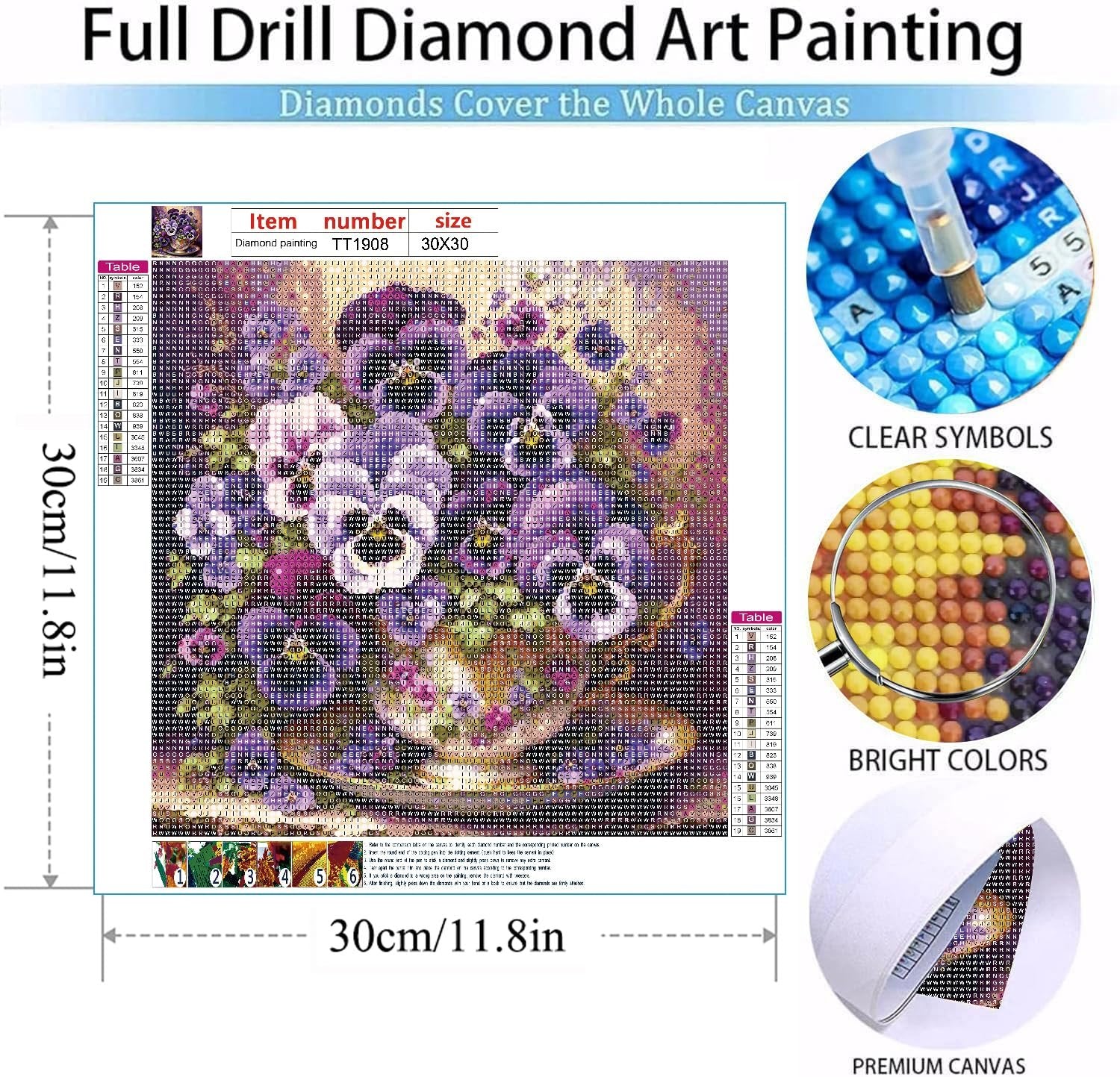 Full drill diamond painting kit featuring a floral arrangement in a teacup, with close-ups of symbols, colors, and canvas.
