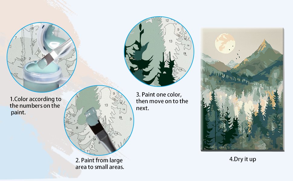 Paint by number kit instructions showing close-ups of painting process and finished mountain landscape.