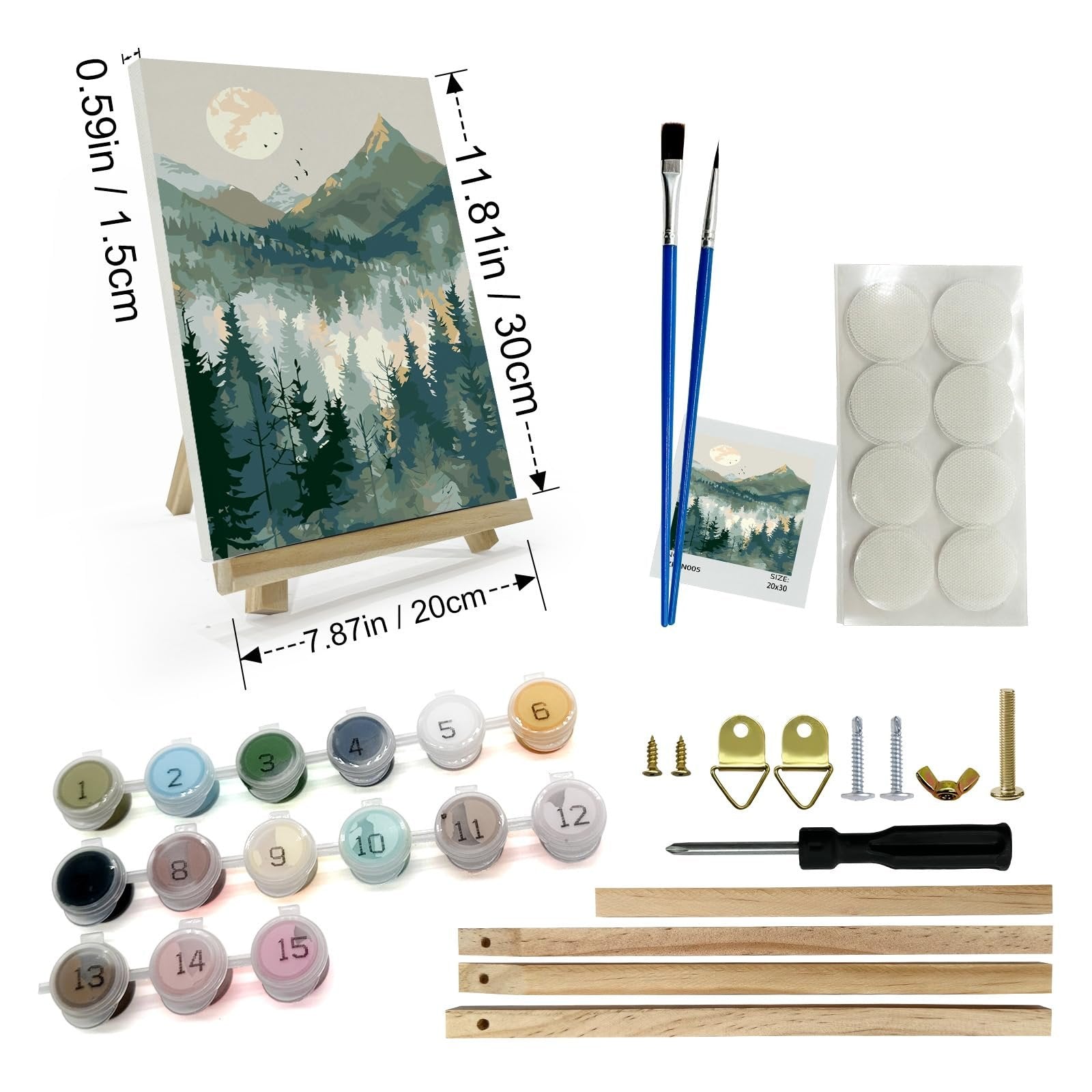 Paint by number kit contents including canvas with mountain landscape, acrylic paint pots, brushes, easel, and hardware on a white background.