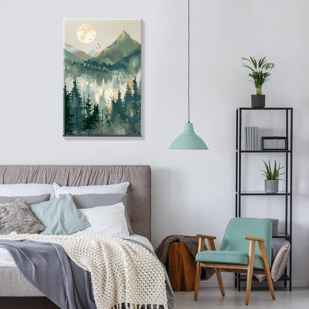 Framed mountain landscape painting hanging above a bed in a bedroom setting