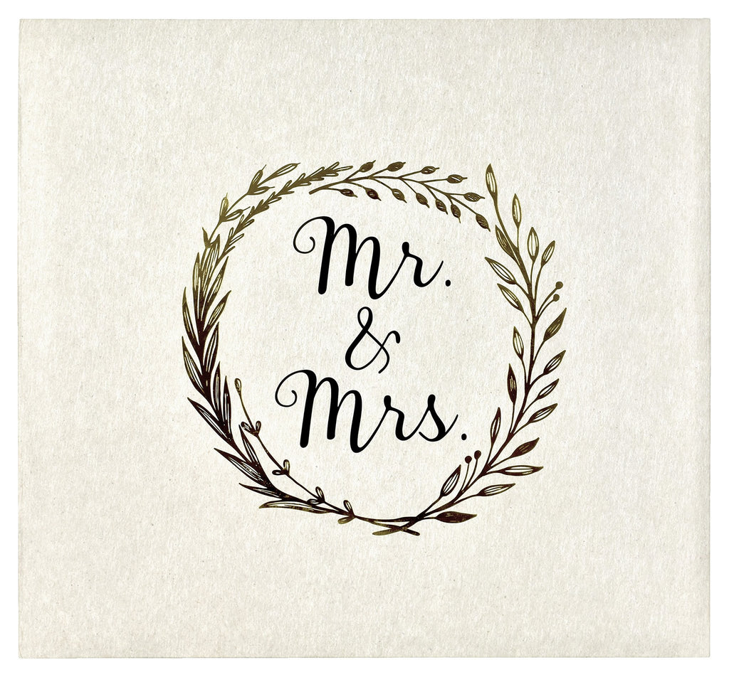 Ivory wedding scrapbook album cover with a circular olive branch design and 'Mr. & Mrs.' text in the center.