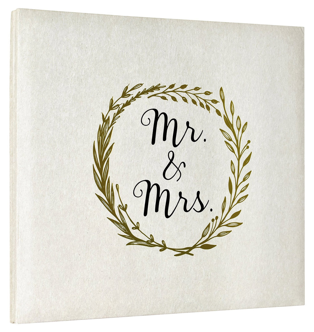 Ivory post-bound wedding scrapbook album with a gold wreath and 'Mr. & Mrs.' text on the cover.