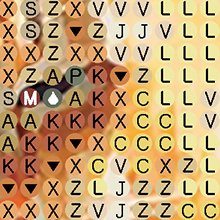 Diamond painting grid with letters and symbols, abstract pattern with warm colors.