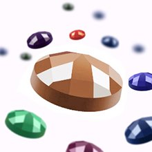 Close-up of a faceted brown gem surrounded by colorful blurred gems against a white background.