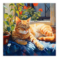 Orange tabby cat sleeping on a blue blanket by a window with potted plants and flowers