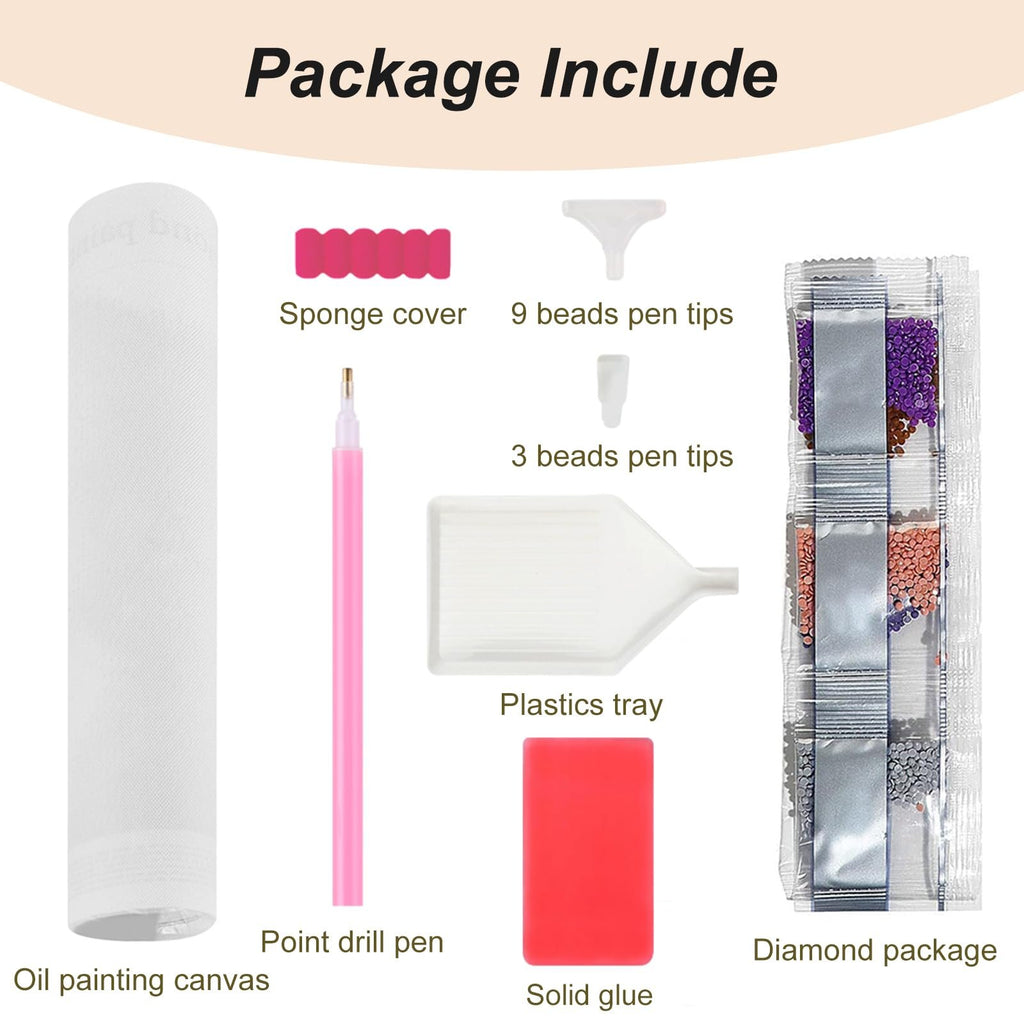 Diamond painting kit contents laid out, showing canvas, drill pen, tray, glue, and diamond packages.
