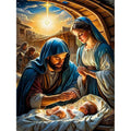 Nativity scene with Mary, Joseph, and baby Jesus under a starry sky and stable structure.