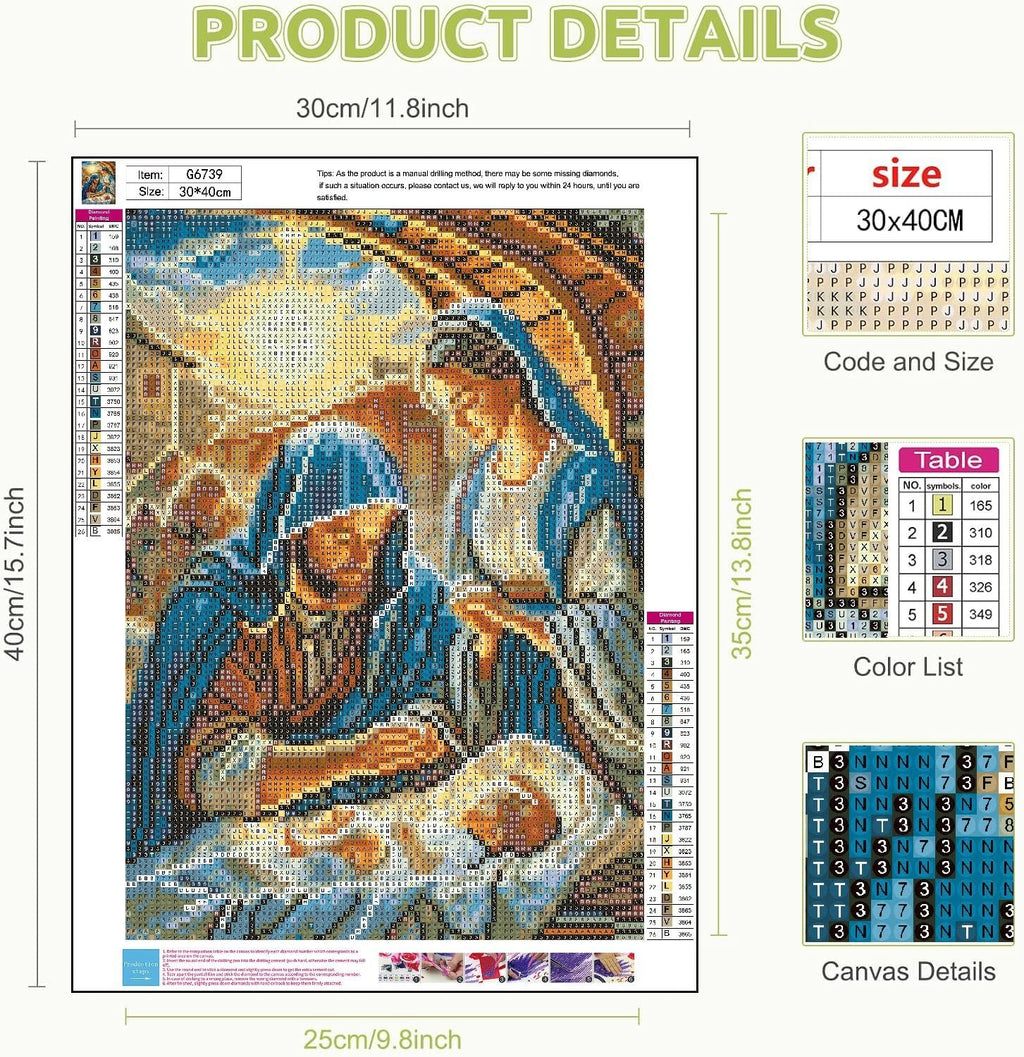 Nativity diamond painting kit showing Mary and Joseph with baby Jesus, with color chart and size information.