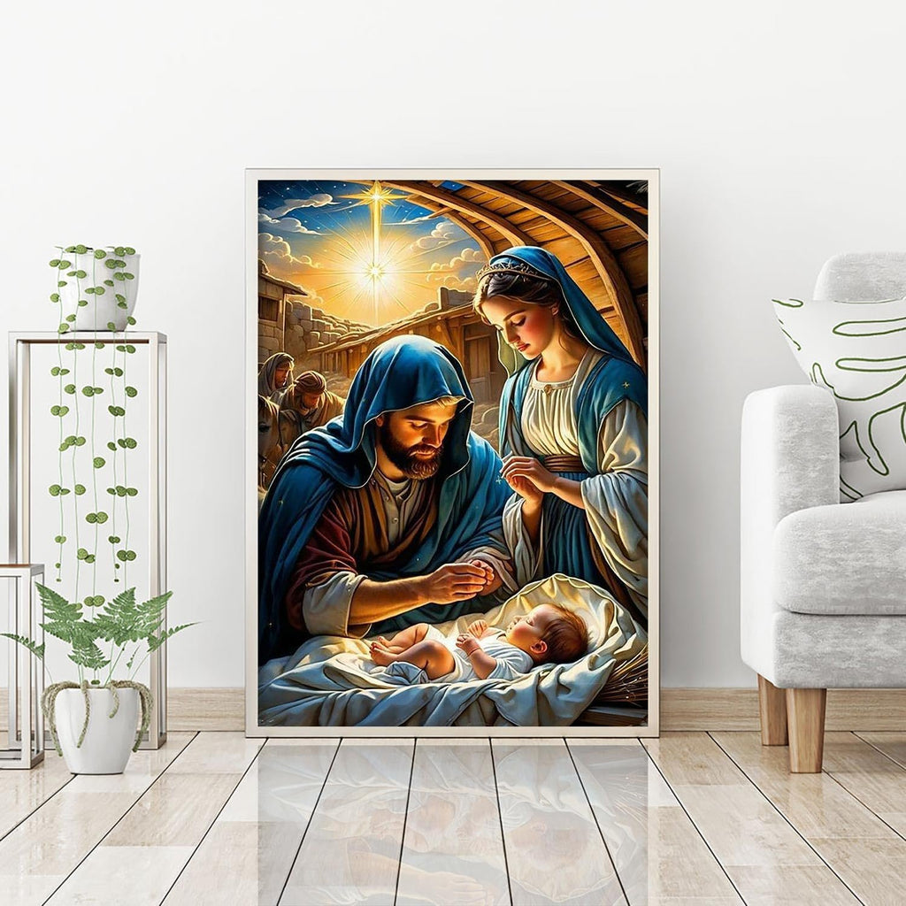 Nativity scene diamond painting kit featuring Mary, Joseph, and baby Jesus under a starry sky with the Star of Bethlehem.