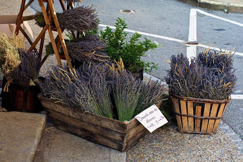 Bunches of dried lavender and wheat stalks displayed in wooden crates and baskets on a street.