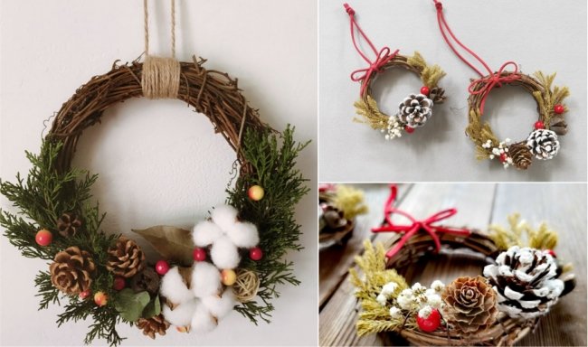 Collage of grapevine twig wreaths decorated with pinecones, greenery, cotton, and berries. One large wreath hangs on a wall, two small wreaths have red hanging loops, and a close-up shows a small wreath with a red ribbon.