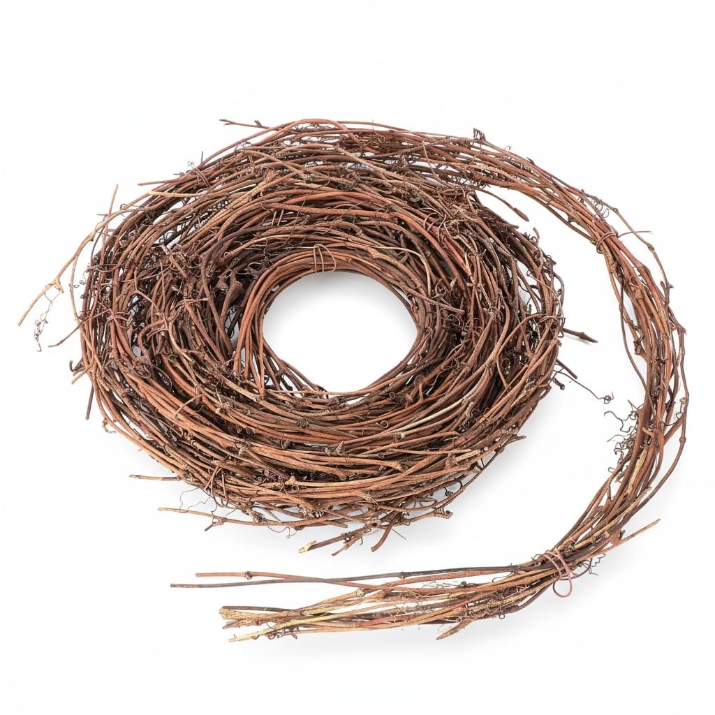 Rolled grapevine twig garland on a white background, showing natural brown branches and vines.
