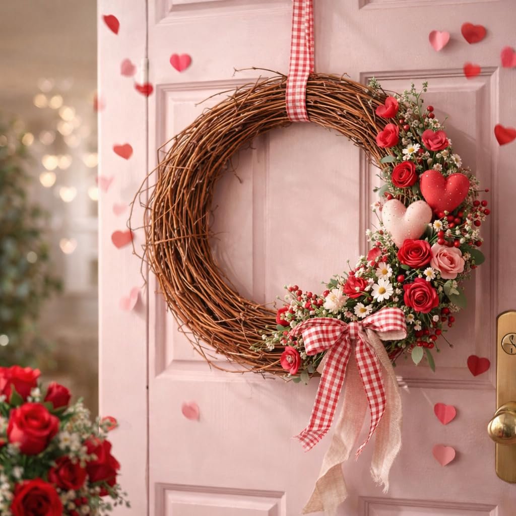 Grapevine wreath decorated with red roses, white daisies, and hearts, hanging on a pink door with scattered paper hearts.