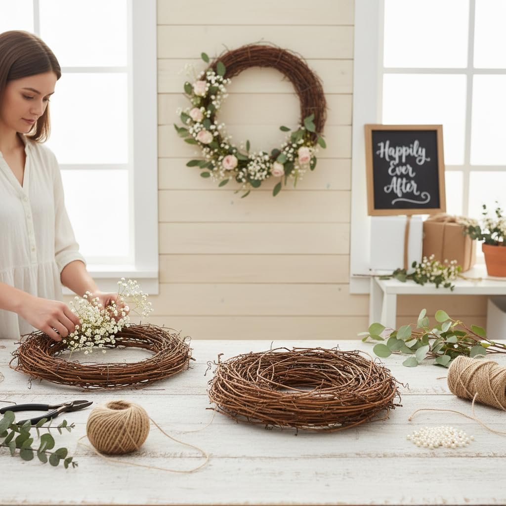 Woman crafting a grapevine wreath with flowers and greenery on a wooden table