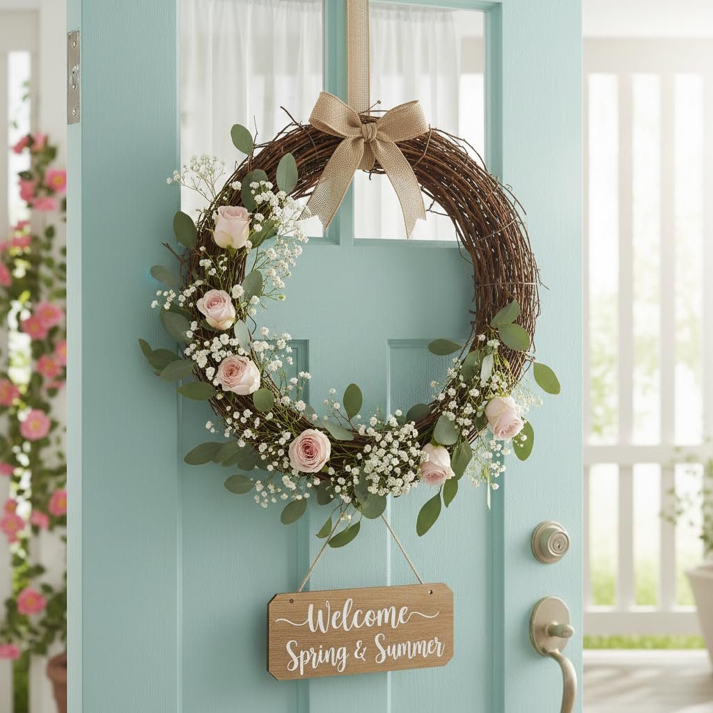 Grapevine wreath with pink roses and baby's breath hanging on a light blue door, with a 'Welcome Spring & Summer' sign.