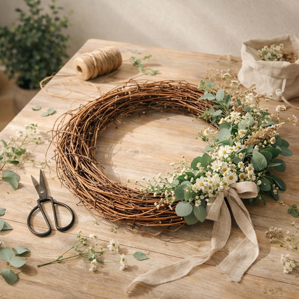 Grapevine twig wreath with daisies and eucalyptus, on a wooden table with twine and scissors