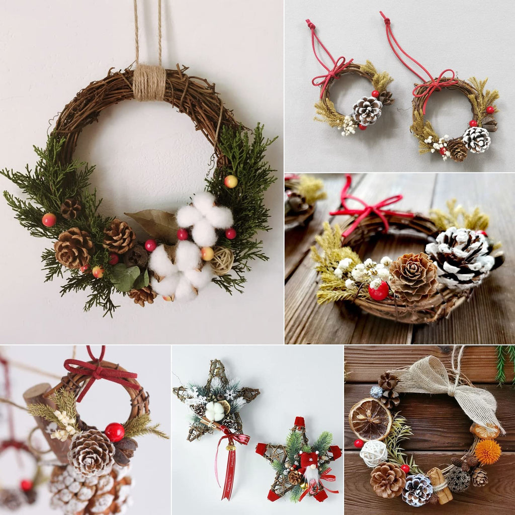 Collage of various grapevine twig wreaths and star-shaped decorations with pinecones, berries, and greenery.