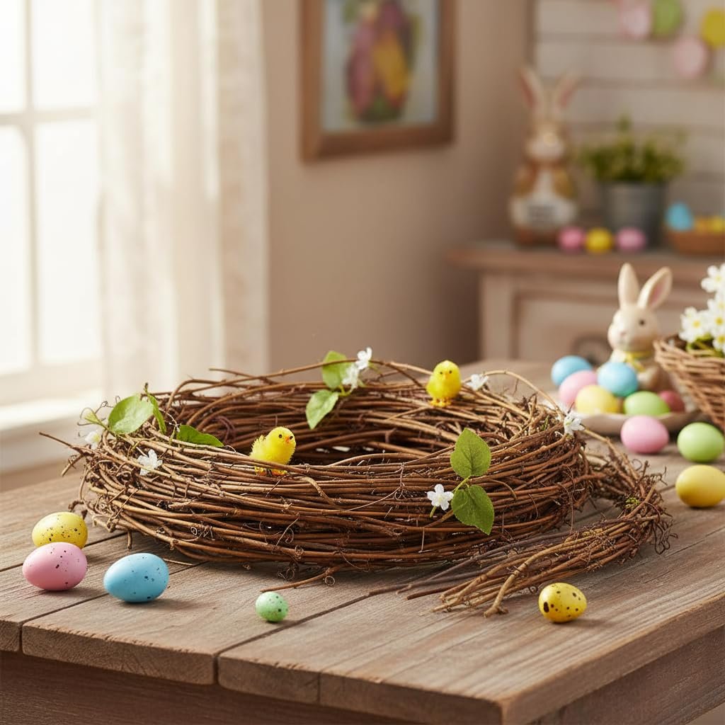 Grapevine twig nest with decorative chicks and flowers, surrounded by Easter eggs on a wooden table.