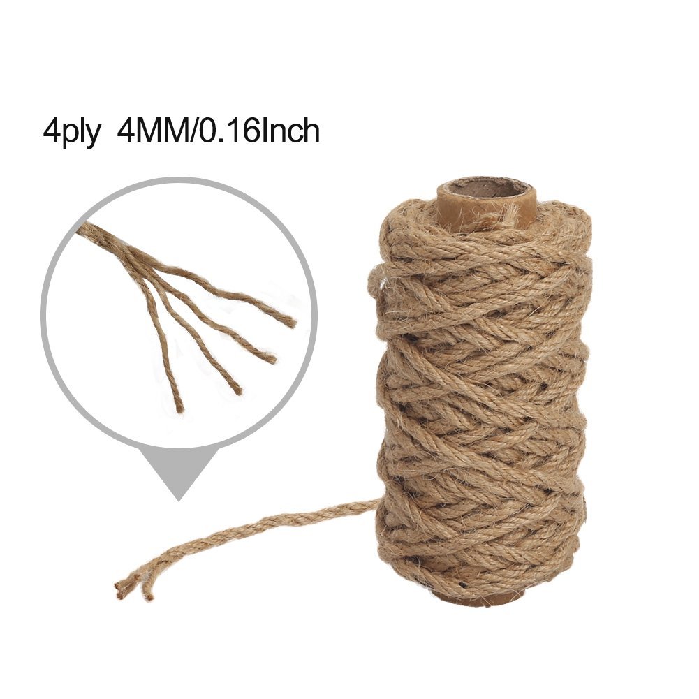 Roll of natural jute twine with a close-up inset showing the 4-ply strands and the twine's thickness.