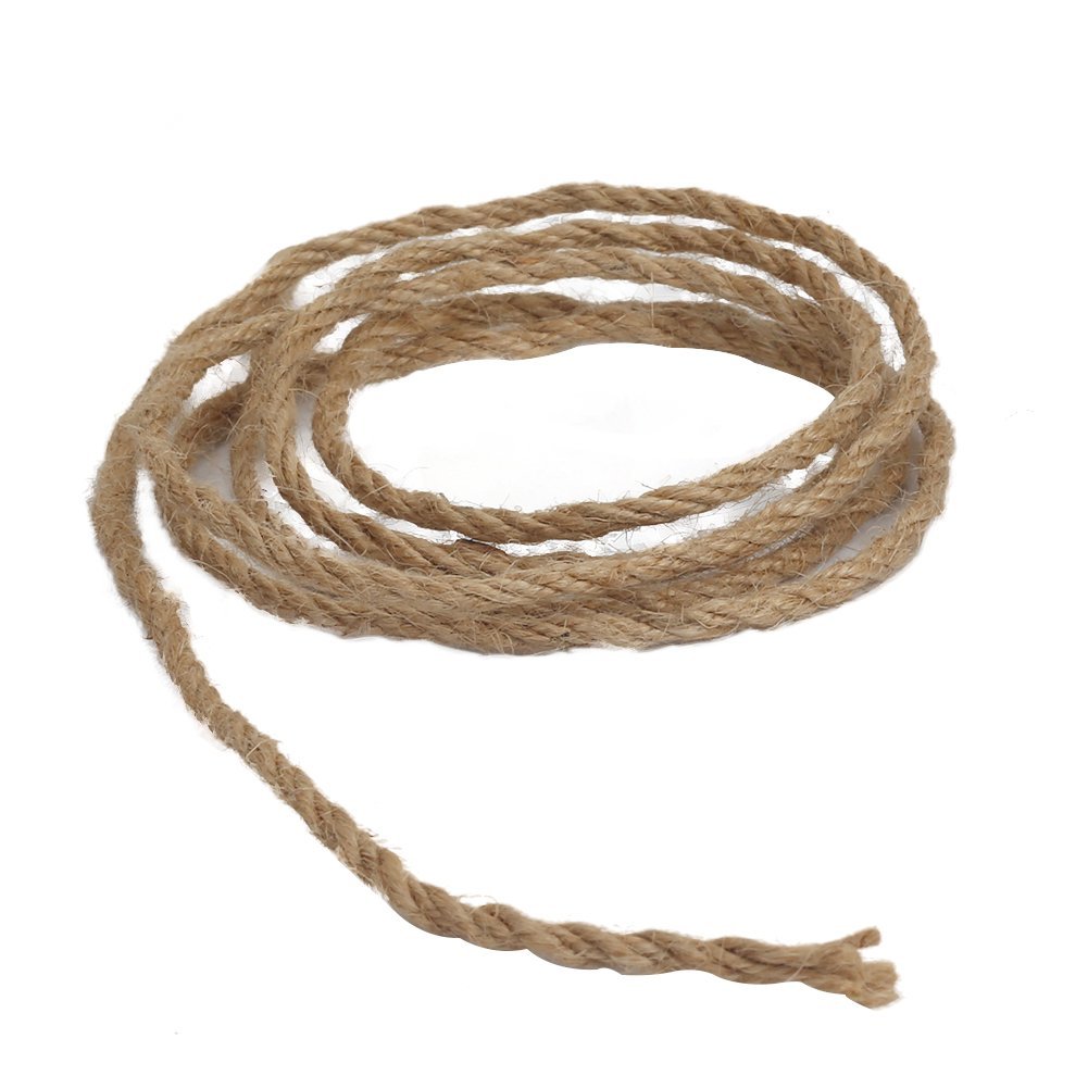 Rolled natural jute twine on a white background, showing its thick, twisted fibers and frayed end.