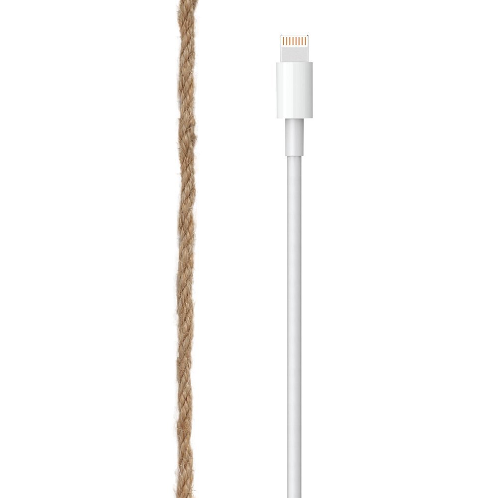 Natural jute twine next to a white charging cable for scale