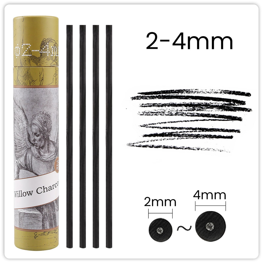 Drawing charcoal sticks and packaging showing diameter sizes and charcoal strokes