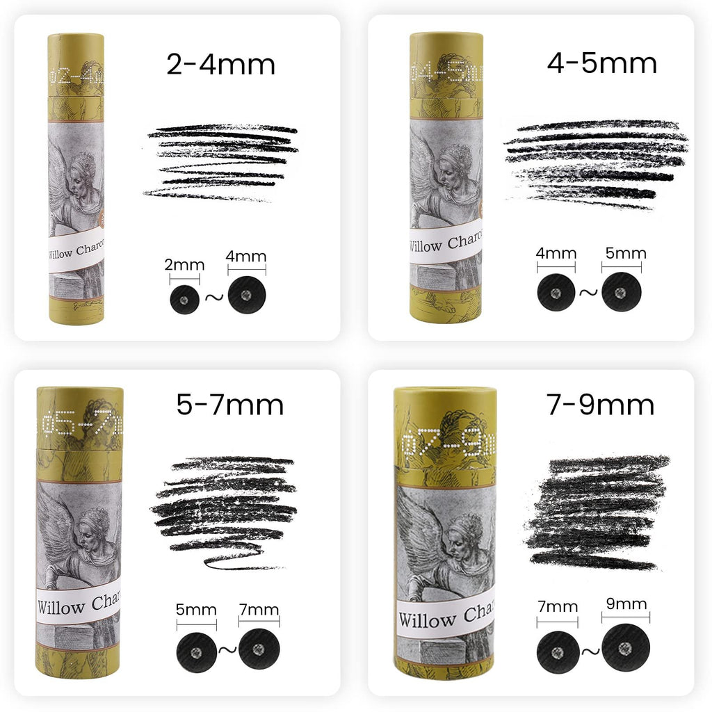 Four panels showing willow charcoal sticks in different diameters with drawing samples and size indicators.