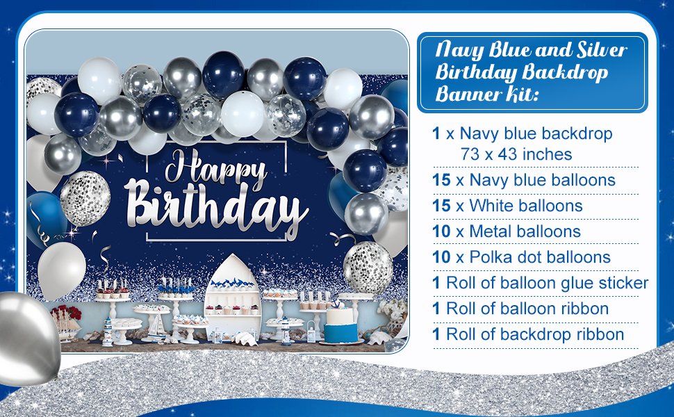Navy blue and silver birthday party backdrop with balloons and a list of kit contents.