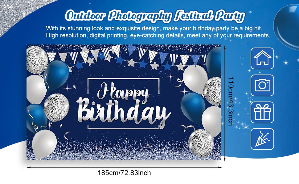 Navy blue and silver happy birthday banner with balloons and confetti, showing dimensions.
