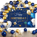 Navy blue and gold birthday party decoration kit with balloons and banner