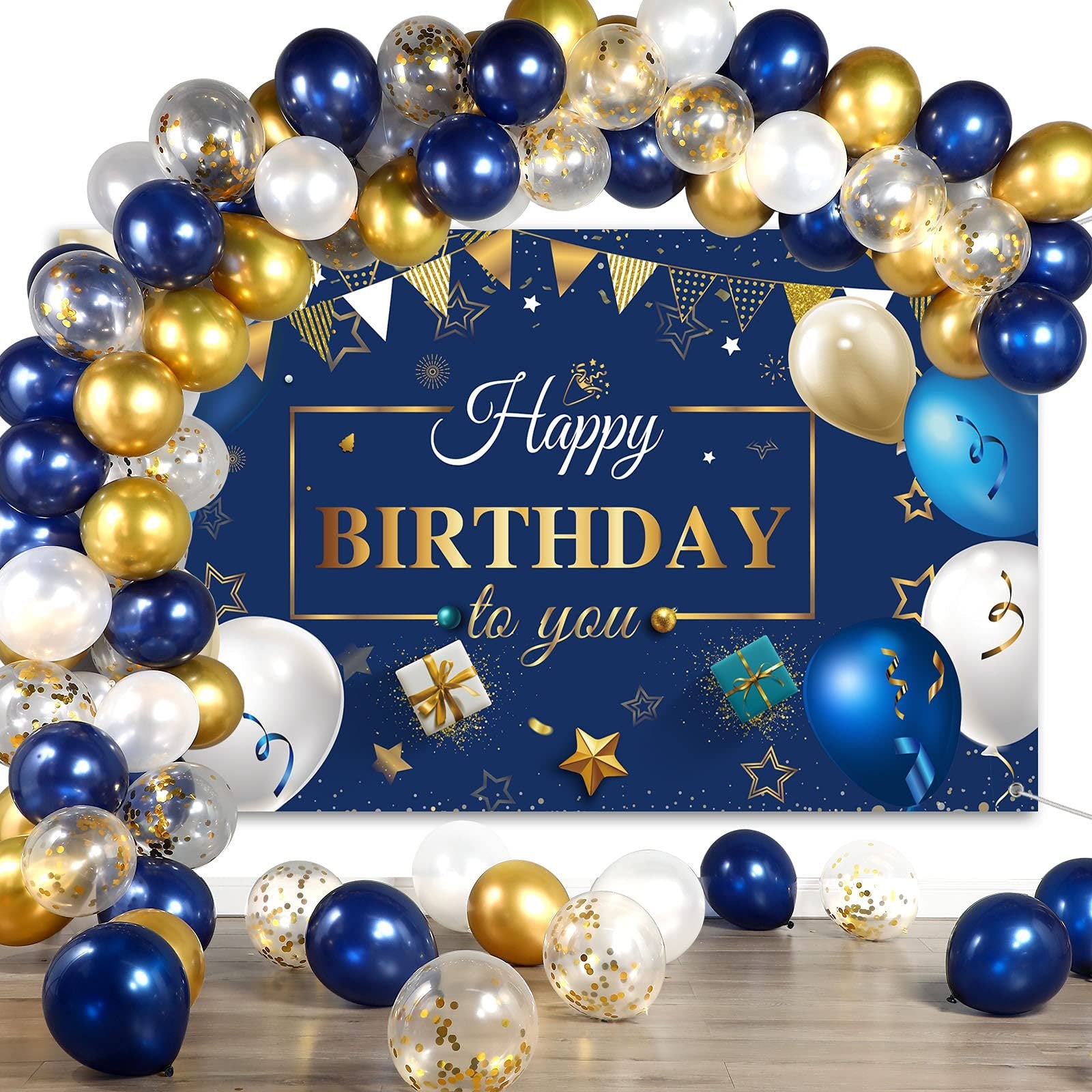 Navy blue and gold birthday party decoration kit with balloons and banner