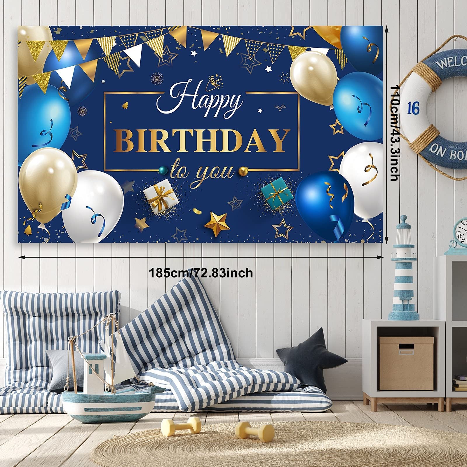 Navy blue and gold birthday party backdrop banner with balloons, gift boxes, and stars