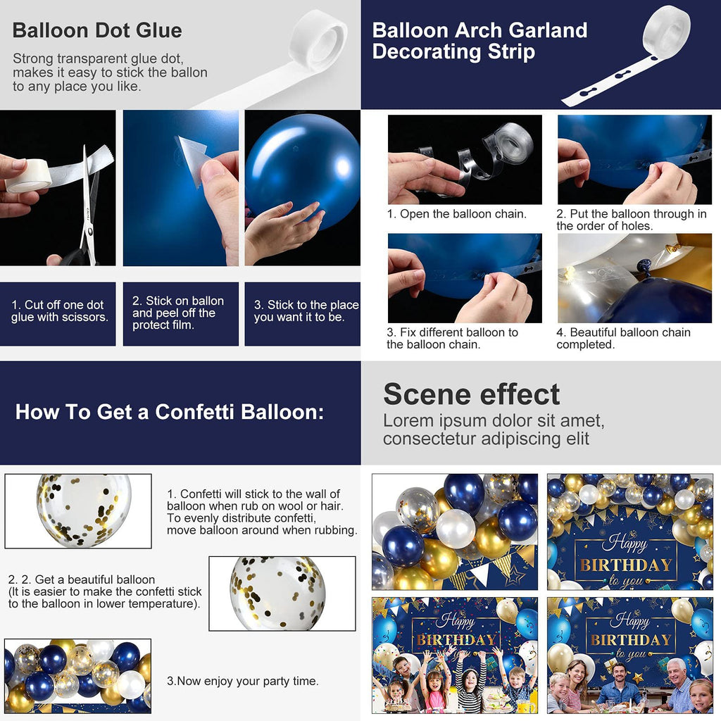 Collage showing how to use balloon dot glue and decorating strip, and how to make confetti balloons, with scene effect examples.
