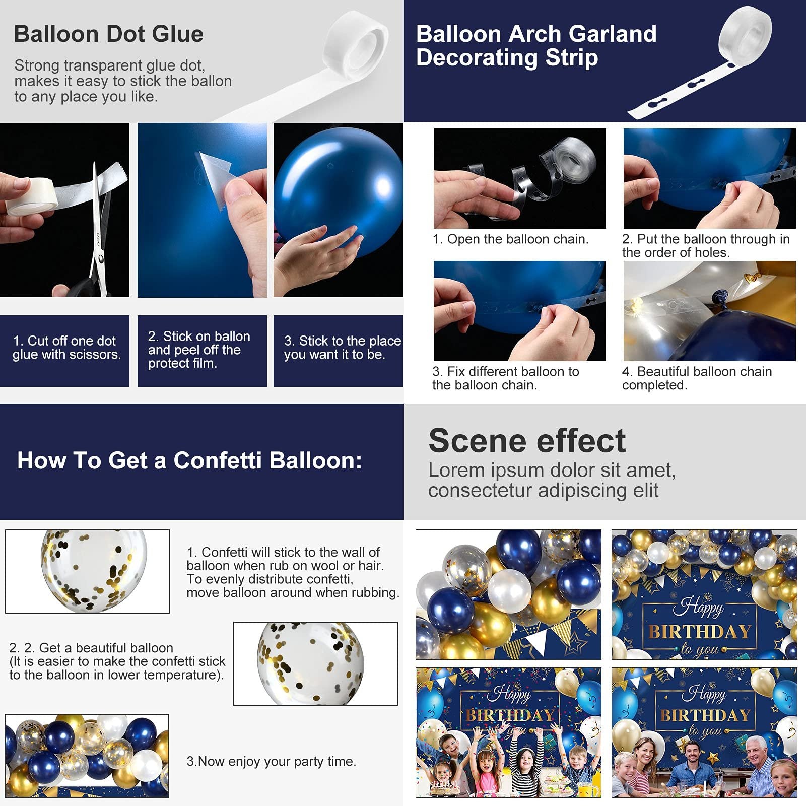 Collage showing how to use balloon dot glue and decorating strip, and how to make confetti balloons, with scene effect examples.